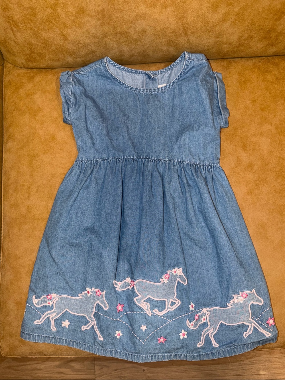 Gymboree Light Blue Denim Dress with Pink Pony horses Embroidery
